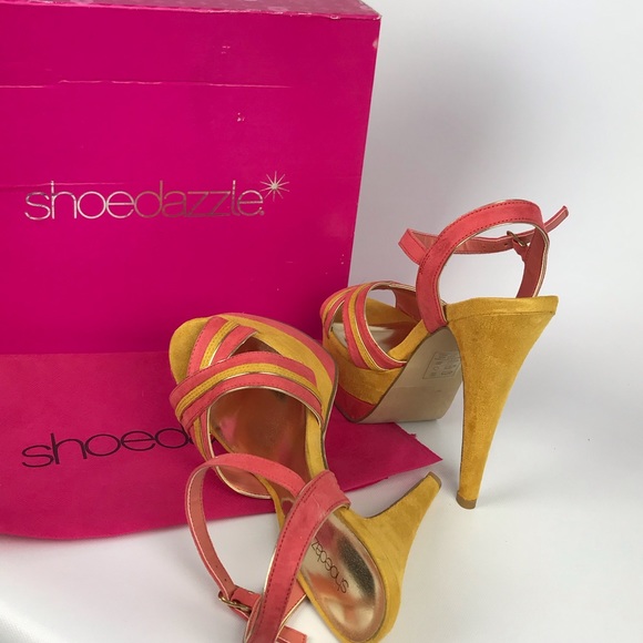 Shoe Dazzle Shoes - Pink and mustard yellow stilett…